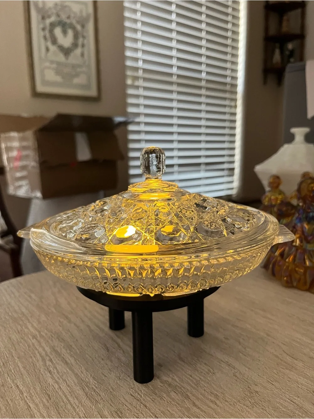 Vintage Federal Windsor Button & Cane Glass Fairy Lamp Candy Dish